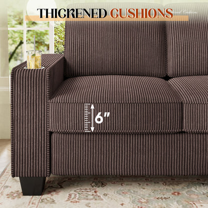 FFH 83.5" Living Room Sofa with Cup Holders, Cozy Plush Upholstered Couch, Corduroy Sofa 3-Seater, Brown