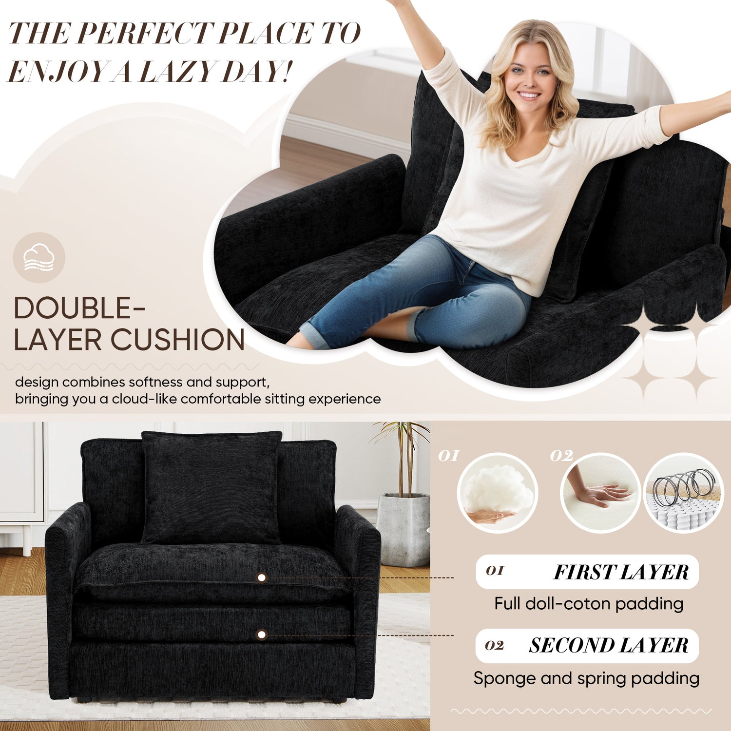 FFH Oversized Lounge Chair with Ottoman, Cloud Accent Armchair for Living Room, Black Chenille