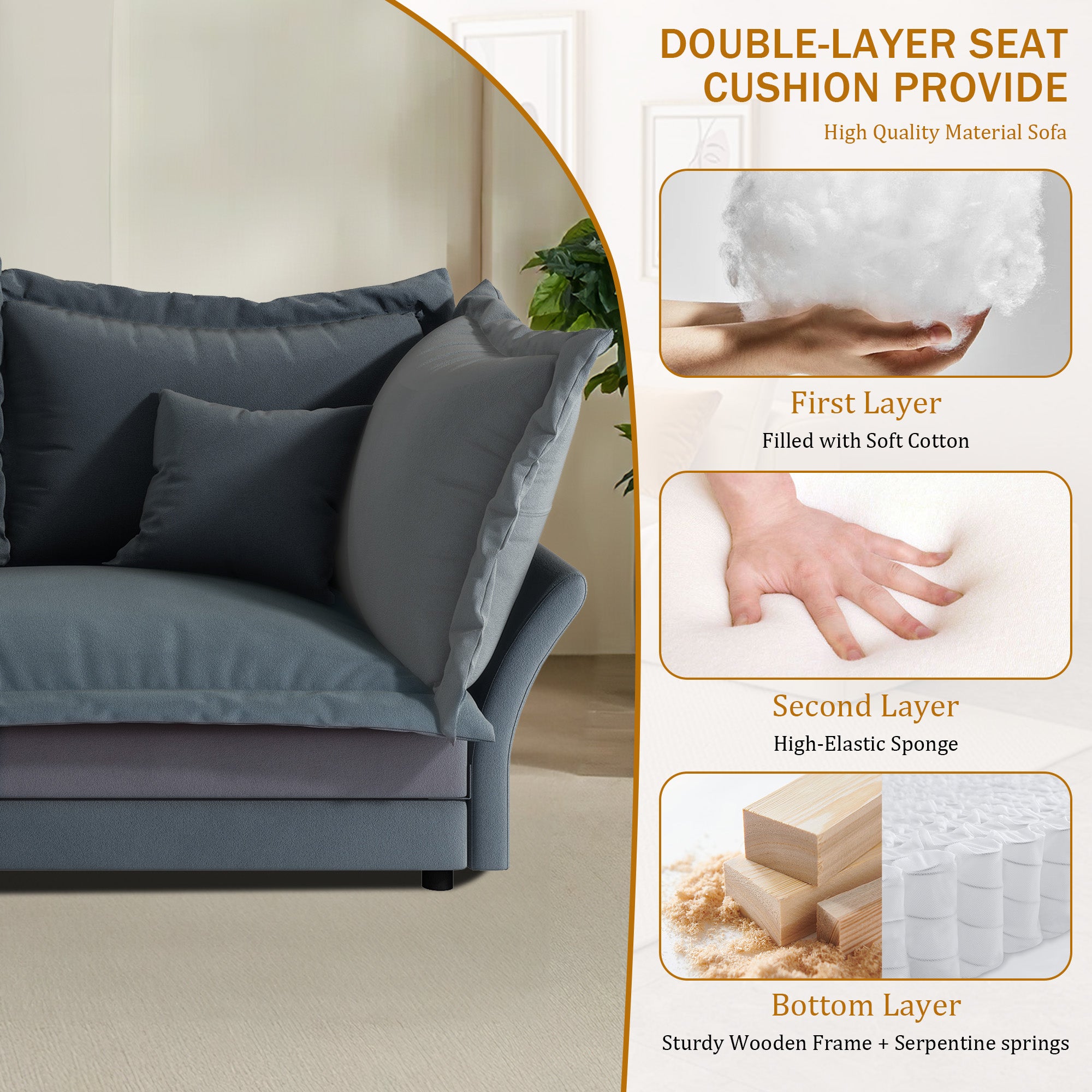 FFH 90.55&quot; Reversible Sofa, Modern Upholstered Velvet Cloud Couch with Soft Pillows, Comfy Lounge Sofa with Deep Seat for Living Room