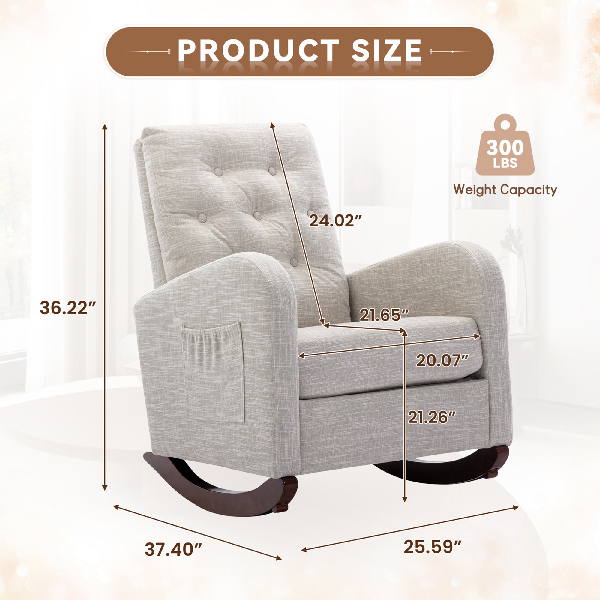 FFH Glider Rocker for Living Room, Rocking Chair for Nursery, Tufted High Back, Light Gray Linen