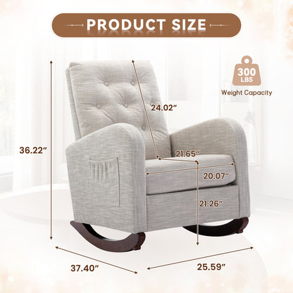 FFH Glider Rocker for Living Room, Rocking Chair for Nursery, Tufted High Back, Light Gray Linen