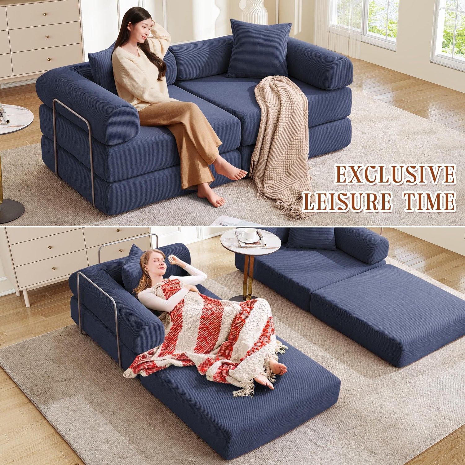 FFH Modular Convertible Floor Sofa Bed, Comfy Foldable Sleeper Cloud Couch for Living Room, Bedroom, Dark Blue Corduroy