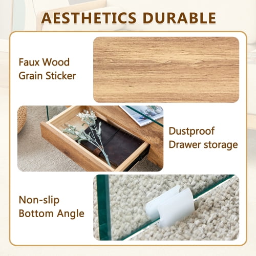 FFH 43.3 Inch Modern Coffee Table with Storage Drawer for Living Room,Clear Tempered Glass and Natural Wood Grain,Tea Table Suitable for Waiting Room,Side Coffee Table with Lower Shelf