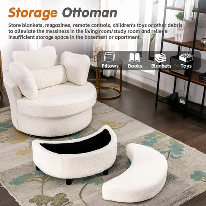 FFH 42&quot; Oversized Swivel Accent Chair with Storage Ottoman, Comfy Teddy Armchair for Living Room, 360-Degree Swivel Barrel Chair, Metal Base