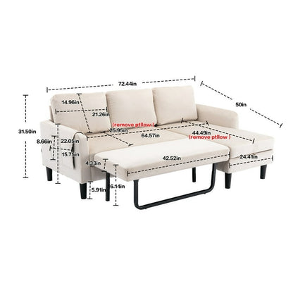 FFH Sectional Sleeper Sofa with Pull Out Bed, Modern Sectional Sofa with Storage Shaise, Pull Out Sofa Bed for Living Room, Beige Fabric