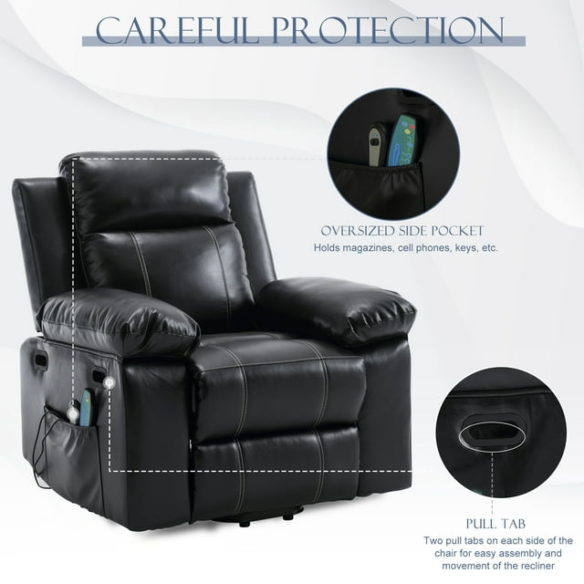 FFH Power Lift Recliner Chair Recliners for Elderly, Heat and Massage, PU Leather Sofa Chair for Living Room Bedroom, Black