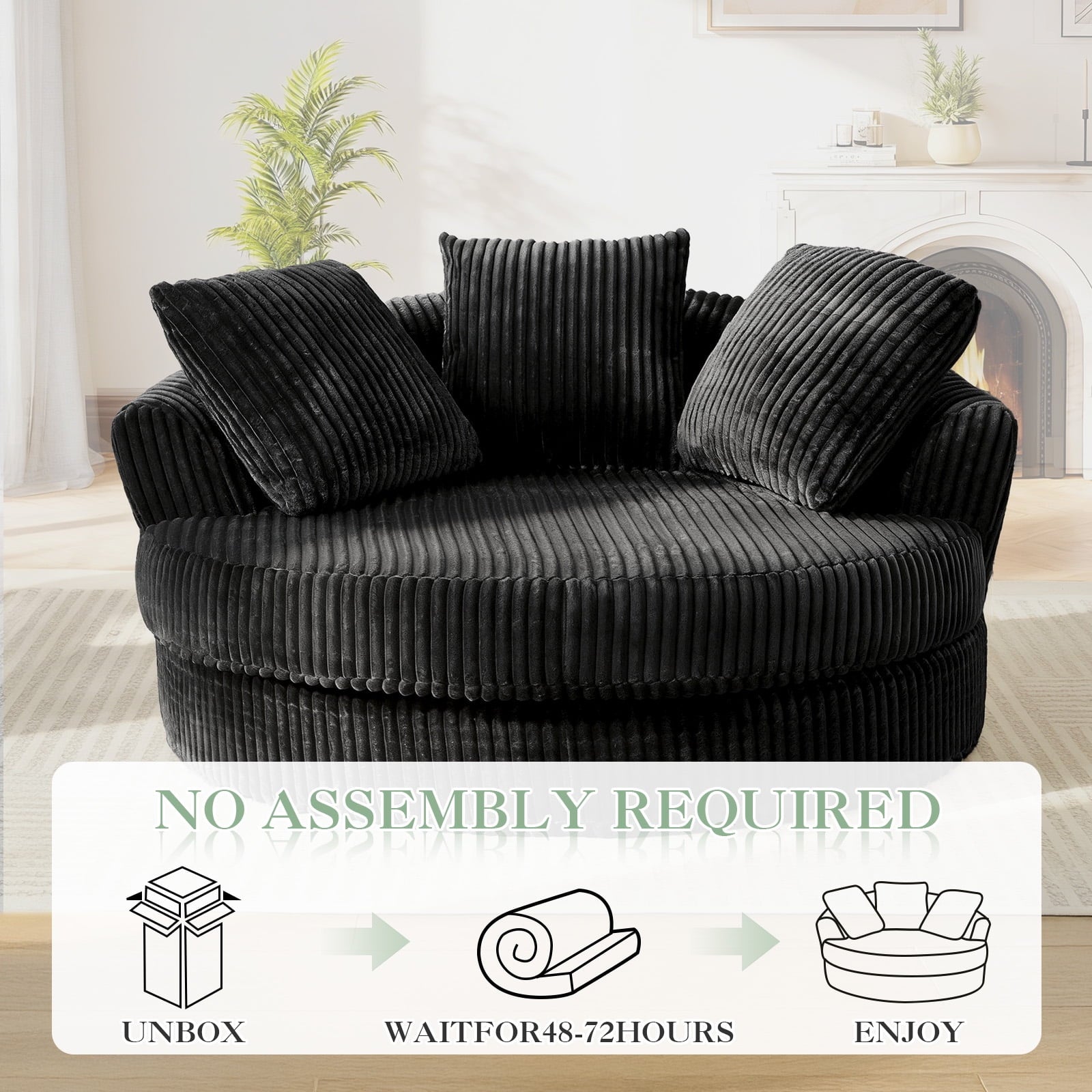 Muumblus 61" Oversized Round Boneless Lounge Chaise Chair Indoor, Corduroy Deep Seat Cloud Couch Sleeper Sofa Bed with 3 Pillows, No Assembly Barrel Chair for Living Room, Gray