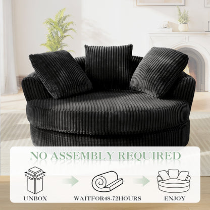Muumblus 61" Oversized Round Boneless Lounge Chaise Chair Indoor, Corduroy Deep Seat Cloud Couch Sleeper Sofa Bed with 3 Pillows, No Assembly Barrel Chair for Living Room, Gray