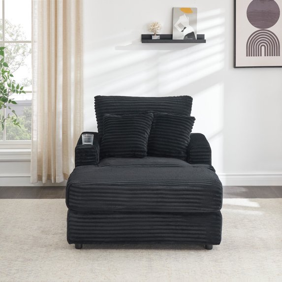 FFH Oversized Chair with Ottoman, Modern Accent Chair with Cup Holder, Corduroy Single Sofa Reading Chair for Living Room, Bedroom, Office
