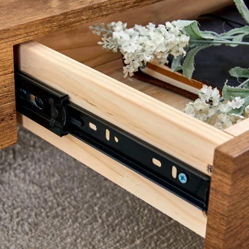 FFH 43.3 Inch Modern Coffee Table with Storage Drawer for Living Room,Clear Tempered Glass and Natural Wood Grain,Tea Table Suitable for Waiting Room,Side Coffee Table with Lower Shelf