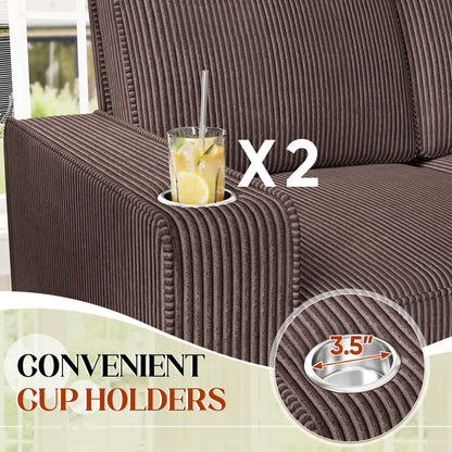 FFH 83.5" Living Room Sofa with Cup Holders, Cozy Plush Upholstered Couch, Corduroy Sofa 3-Seater, Brown