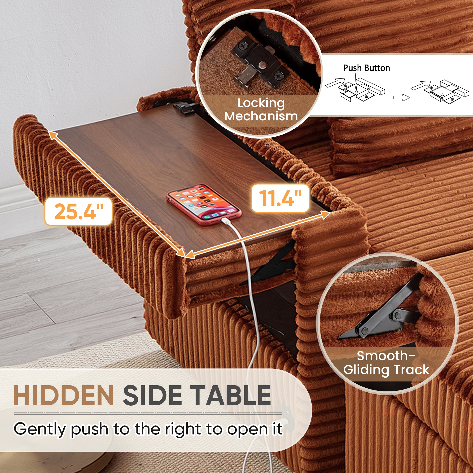 FFH Accent Chair with Storage Ottoman &amp; Side Table, Cozy Lounge Chair with USB, Modern Single Sofa Armchair for Living Room, Orange Corduroy