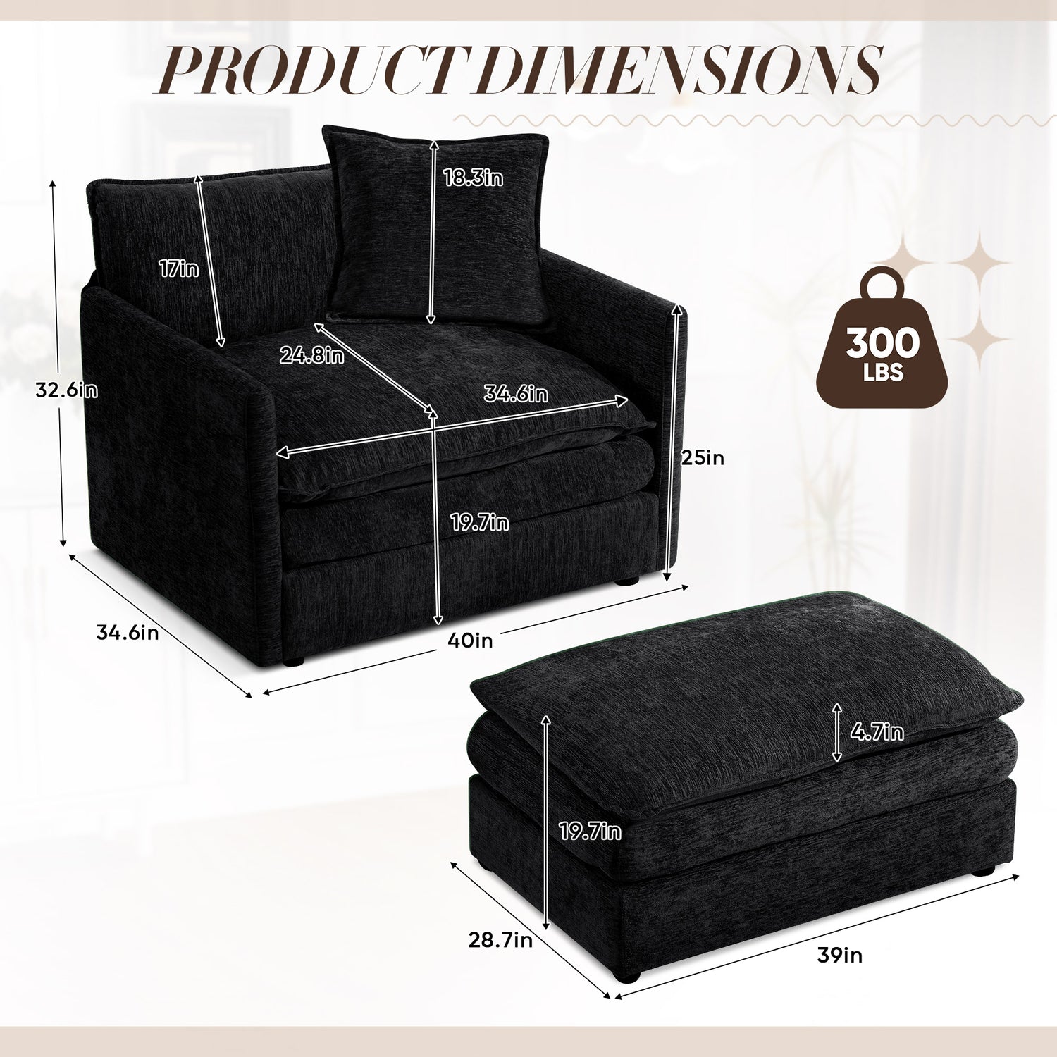 FFH Oversized Lounge Chair with Ottoman, Cloud Accent Armchair for Living Room, Black Chenille