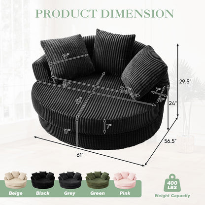 Muumblus 61" Oversized Round Boneless Lounge Chaise Chair Indoor, Corduroy Deep Seat Cloud Couch Sleeper Sofa Bed with 3 Pillows, No Assembly Barrel Chair for Living Room, Gray