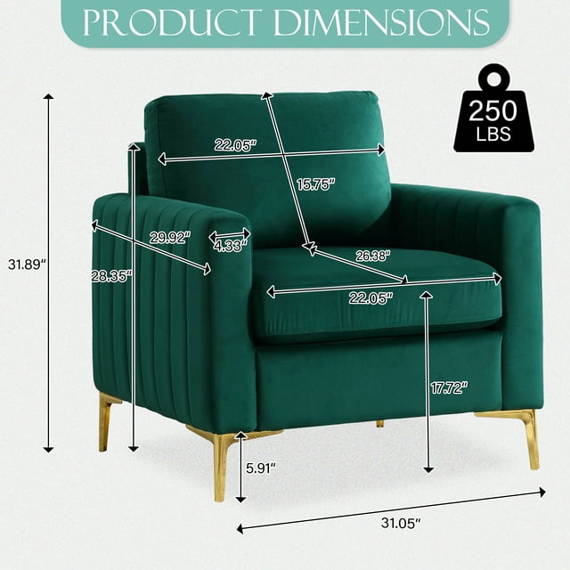 FFH Modern Accent Chair, Upholstered Single Sofa Chair Club Arm Chair for Living Room, Comfy Armchair with Metal Legs, Tufted Chair for Reading, Green Velvet