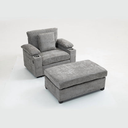 FFH Accent Chair, Modern Oversized Chair with Ottoman, Chenille Comfy Sofa Bed with Cup Holders, Charging Ports and Storage Space