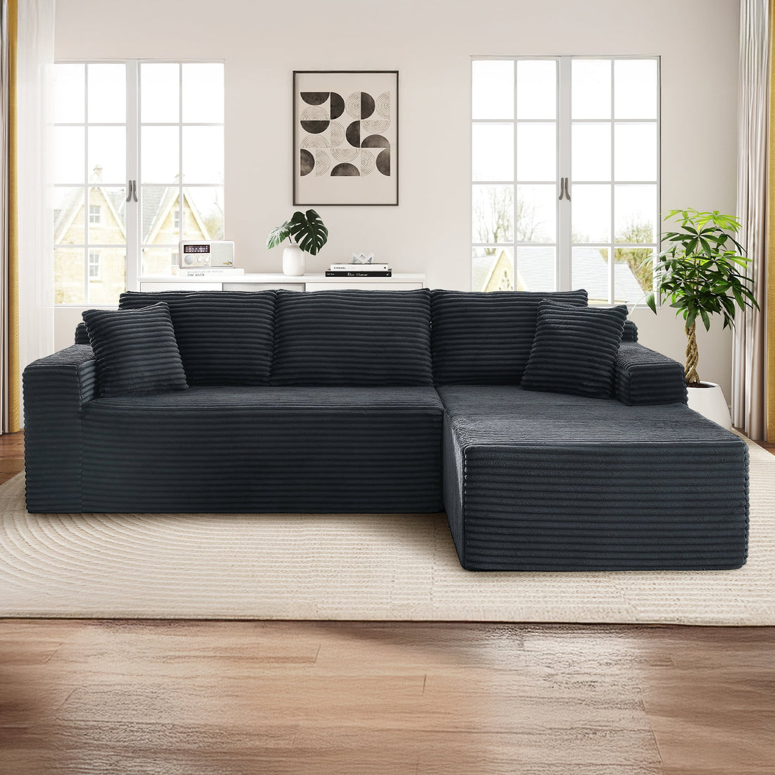 FFH Modular Sectional Sofa, Oversized L-Shape Cloud Couch, Modern Corduroy Sleeper Couches for Living Room, No Assembly Required, Dark Grey (Right Facing Chaise)