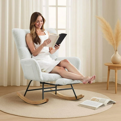FFH Nursery Rocking Chair,Rocker Recliner Chair with High Backrest,Teddy Upholstered Glider Rocker with Adjustable Footrest,Glider Recliner,Reading Chair for Bed Room