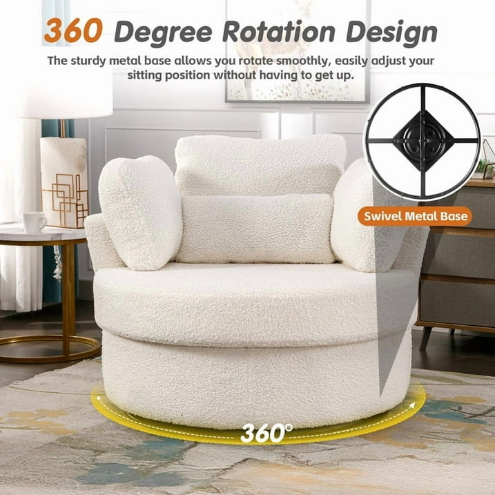 FFH 42&quot; Oversized Swivel Accent Chair with Storage Ottoman, Comfy Teddy Armchair for Living Room, 360-Degree Swivel Barrel Chair, Metal Base