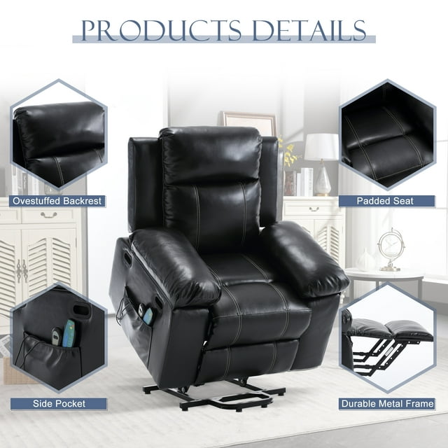 FFH Power Lift Recliner Chair Recliners for Elderly, Heat and Massage, PU Leather Sofa Chair for Living Room Bedroom, Black