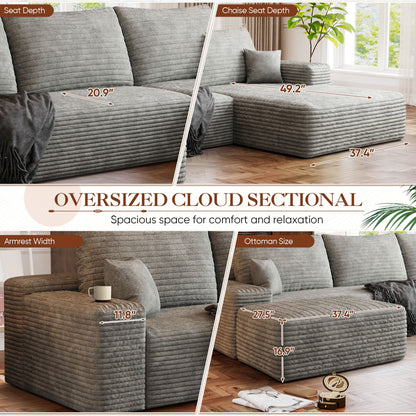 FFH 107&quot; Cloud Sectional Sofa with Right Chaise, Cozy U-Shaped Modular Sofa with Ottoman, Plush Corduroy Sleeper Bed Couch, No Assembly Required, Gray