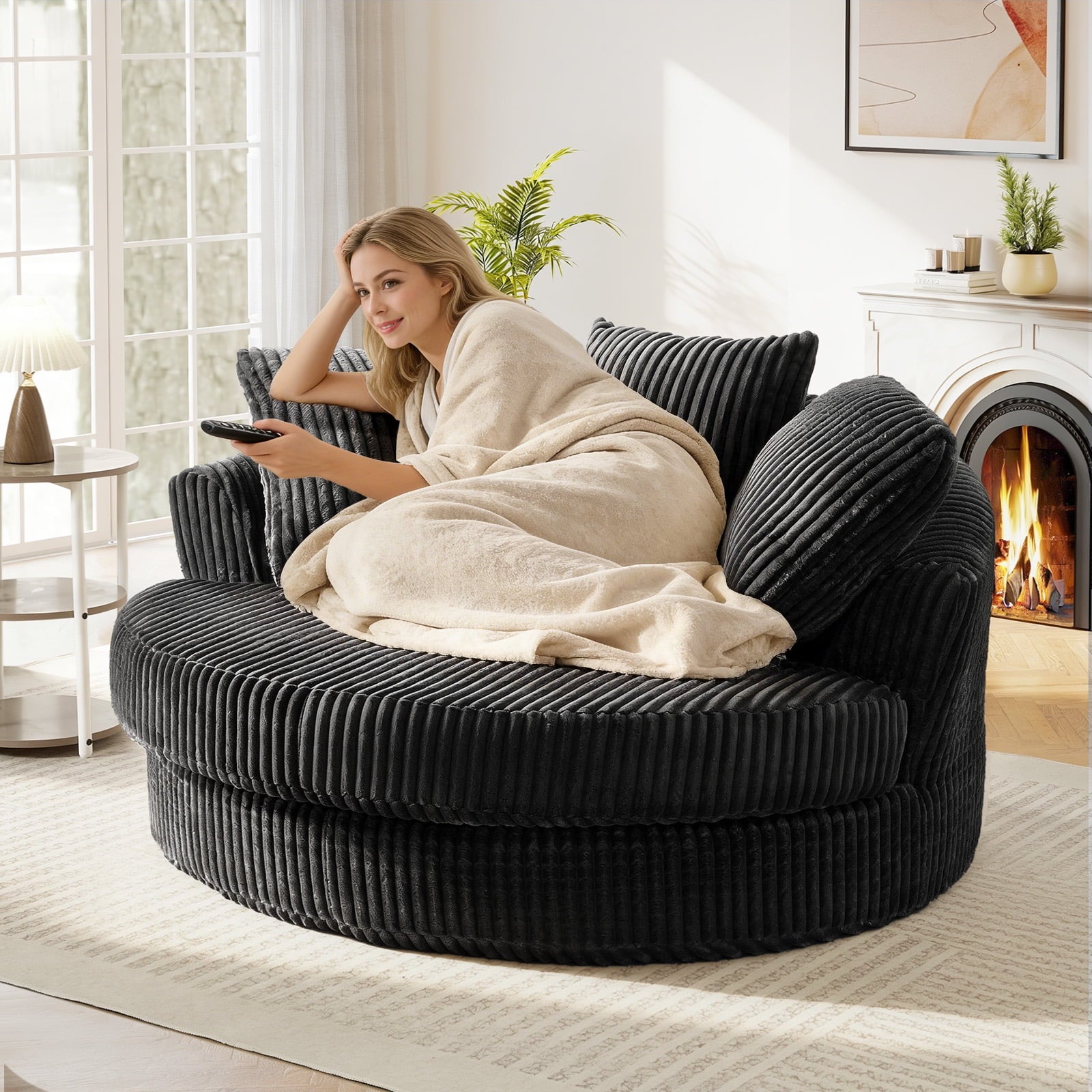 Muumblus 61" Oversized Round Boneless Lounge Chaise Chair Indoor, Corduroy Deep Seat Cloud Couch Sleeper Sofa Bed with 3 Pillows, No Assembly Barrel Chair for Living Room, Gray