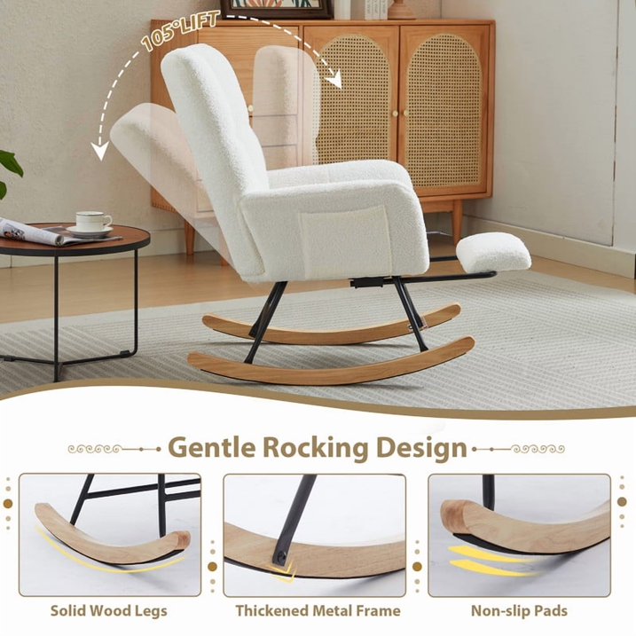 FFH Nursery Rocking Chair,Rocker Recliner Chair with High Backrest,Teddy Upholstered Glider Rocker with Adjustable Footrest,Glider Recliner,Reading Chair for Bed Room