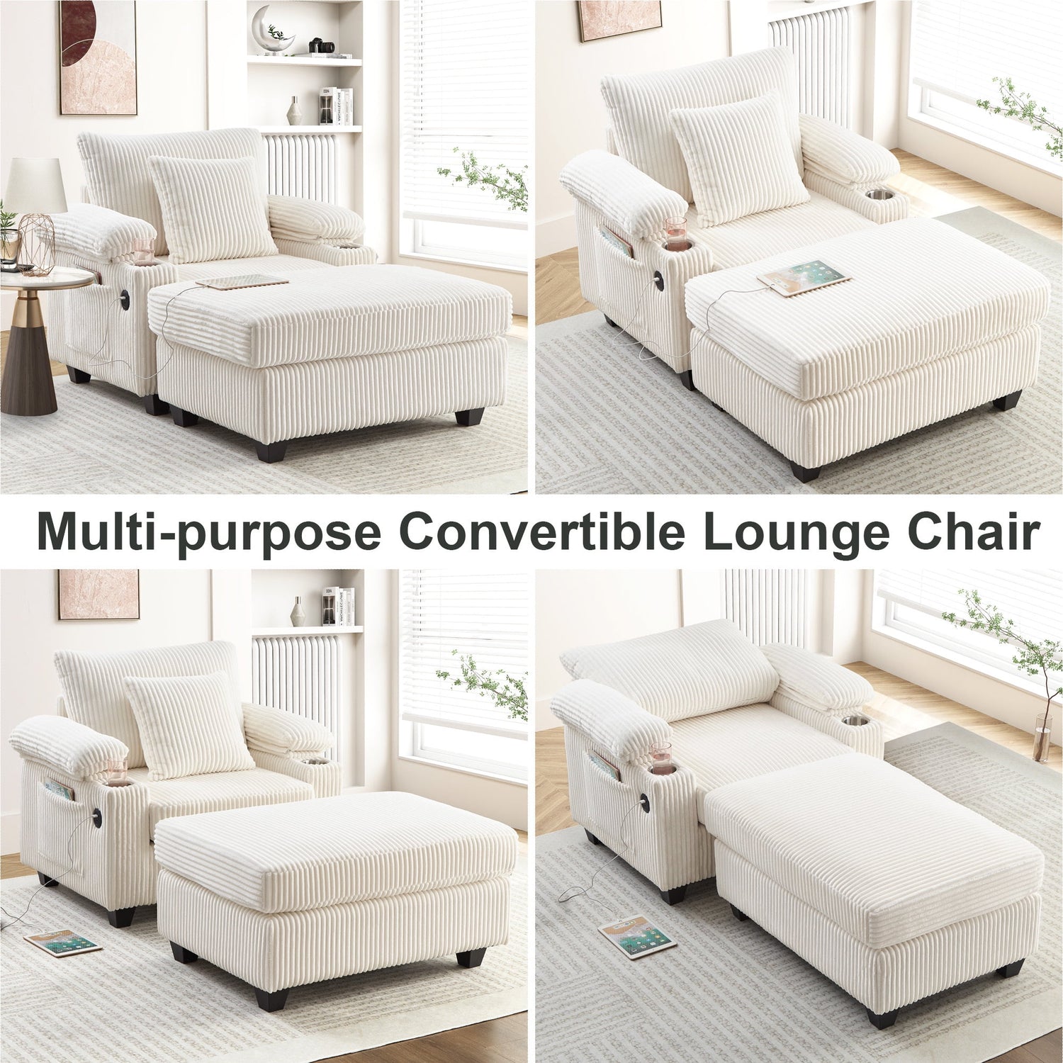 FFH Living Room Chair with Ottoman, 7-Speed Adjustable Backrest, USB &amp; Storage Arms, Cozy Indoor Corduroy Lounge Armchair, Beige
