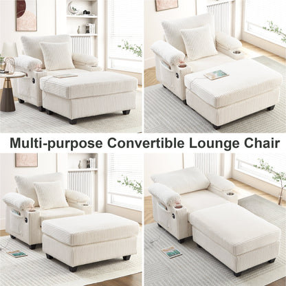 FFH Living Room Chair with Ottoman, 7-Speed Adjustable Backrest, USB &amp; Storage Arms, Cozy Indoor Corduroy Lounge Armchair, Beige