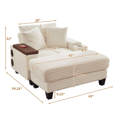 FFH Oversized Living Room Chair with Bluetooth Speaker, Ottoman, Rotating Table Board &amp; USB, Cozy Indoor Lounge Reading Armchair, White Corduroy
