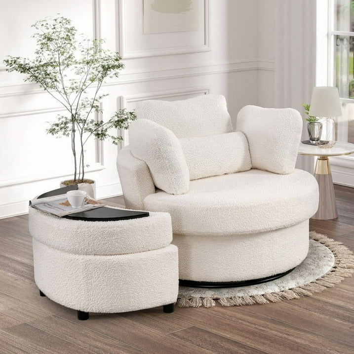 FFH 42&quot; Oversized Swivel Accent Chair with Storage Ottoman, Comfy Teddy Armchair for Living Room, 360-Degree Swivel Barrel Chair, Metal Base