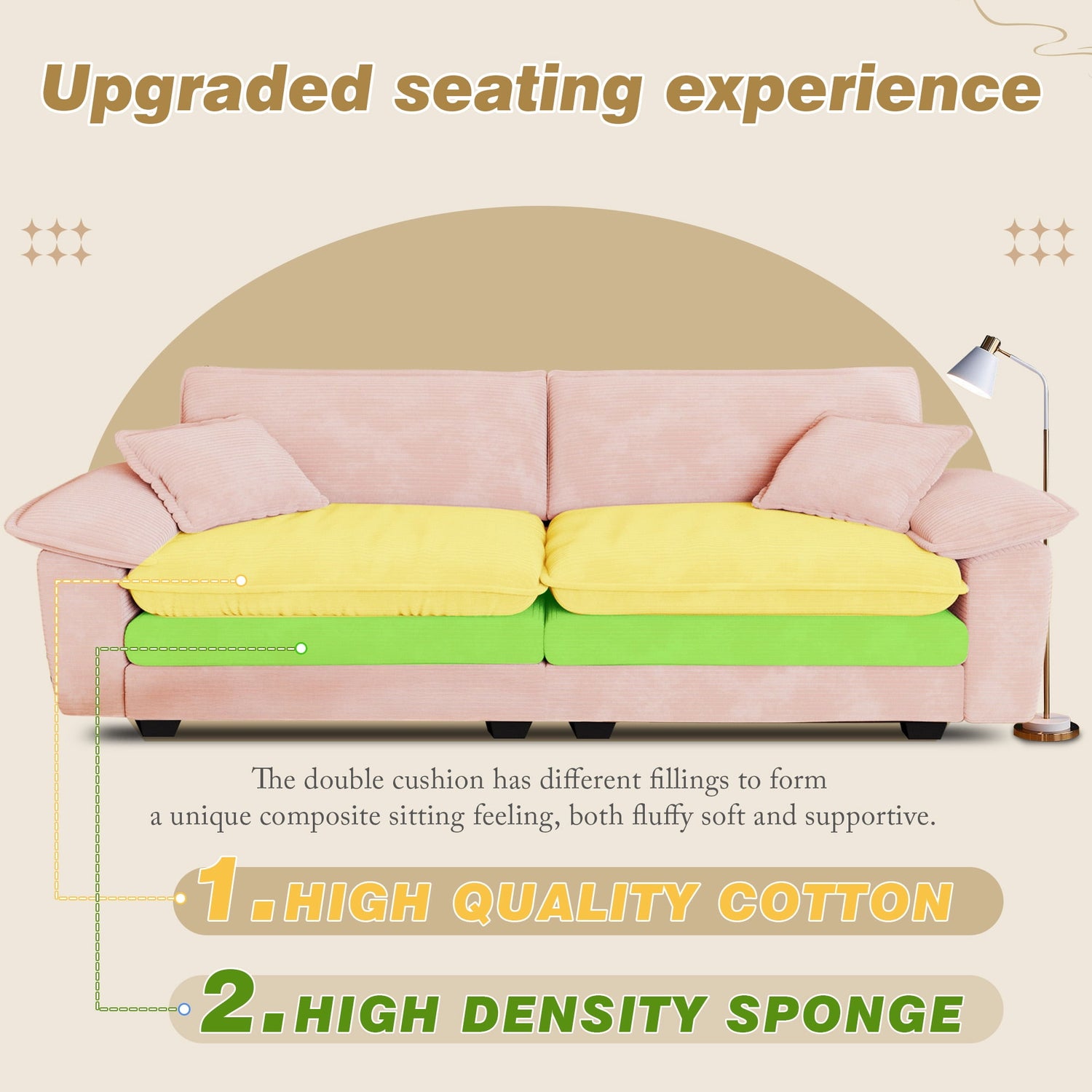 FFH 80.5" Corduroy Loveseat Sofa, Oversized Upholstered 2-Seater Fluffy Cloud Sleeper Couch for Living Room/Apt, Pink