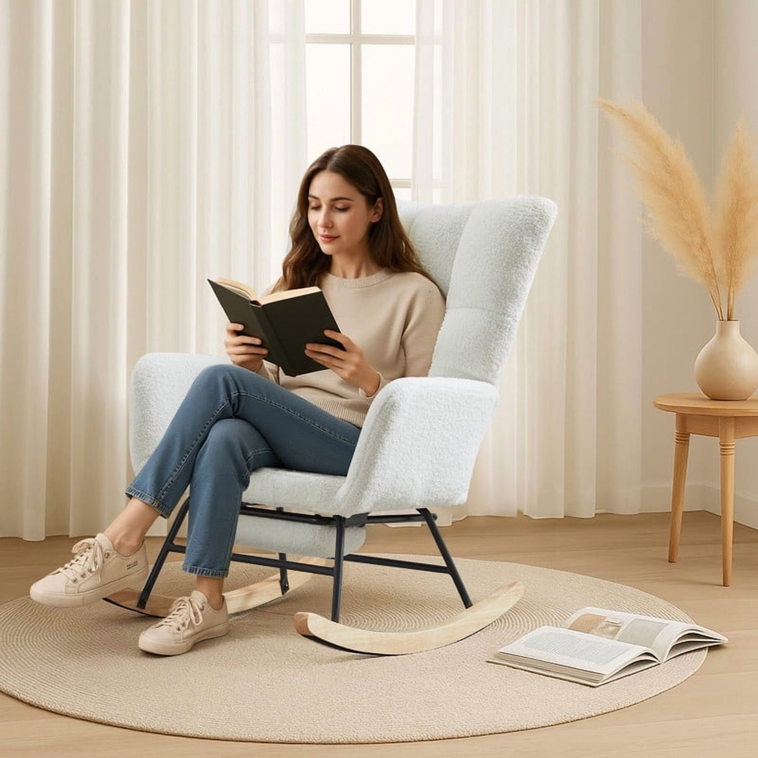 FFH Nursery Rocking Chair,Rocker Recliner Chair with High Backrest,Teddy Upholstered Glider Rocker with Adjustable Footrest,Glider Recliner,Reading Chair for Bed Room