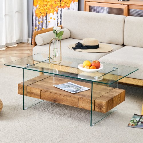 FFH 43.3 Inch Modern Coffee Table with Storage Drawer for Living Room,Clear Tempered Glass and Natural Wood Grain,Tea Table Suitable for Waiting Room,Side Coffee Table with Lower Shelf