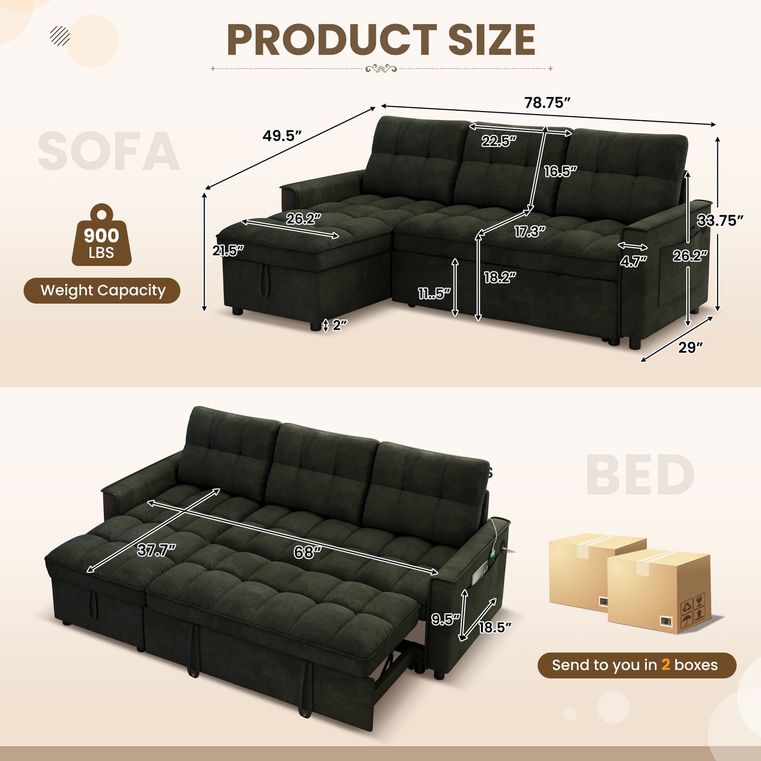 FFH Convertible Sofa Bed, Sectional Sleeper Sofa with Storage Chaise, L-Shaped Couch for Living Room, Green Chenille