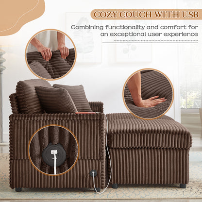 FFH Loveseat Sectional Sofa with 2 Storage Ottomans, Modular Cloud Couch with 2 Side Tables &amp; USB, Plush Double Chaise Lounge Sofa Bed Indoor, Brown Corduroy