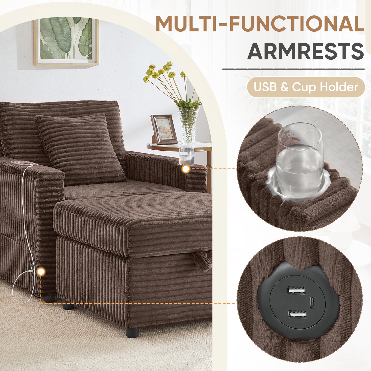 FFH Accent Chair with Storage Ottoman &amp; Side Table, Cozy Lounge Chair with USB, Modern Single Sofa Armchair for Living Room, Brown Corduroy