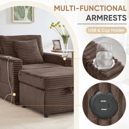 FFH Accent Chair with Storage Ottoman &amp; Side Table, Cozy Lounge Chair with USB, Modern Single Sofa Armchair for Living Room, Brown Corduroy