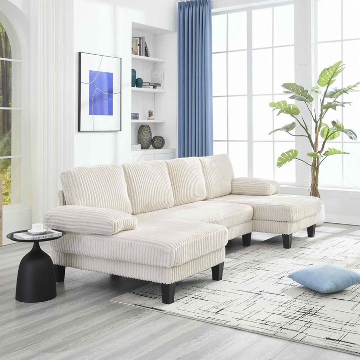 FFH 114" U Shaped Sectional Sofa, Oversized Modular Cloud Couch with Double Chaise, Corduroy 4 Seater Sofa Set for Living Room, Beige