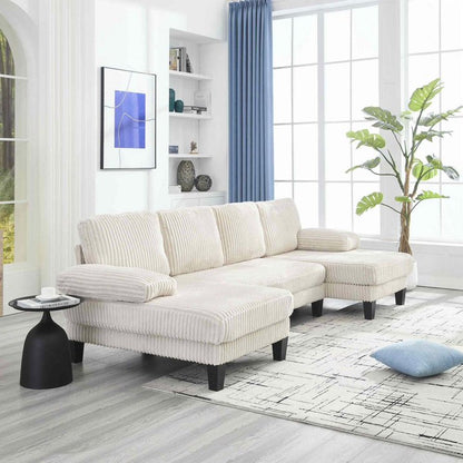 FFH 114" U Shaped Sectional Sofa, Oversized Modular Cloud Couch with Double Chaise, Corduroy 4 Seater Sofa Set for Living Room, Beige