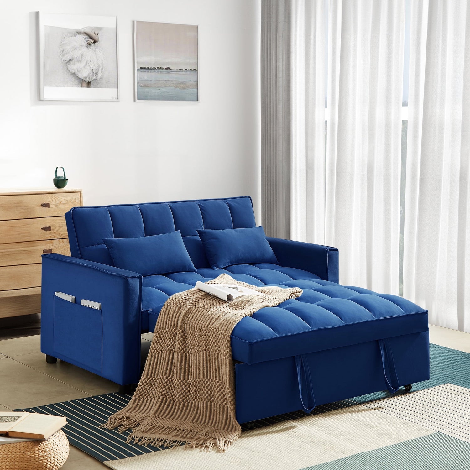 Dinosisco Convertible Sofa Bed, 55&quot; Pull Out Sofa Bed - Tufted Velvet Loveseat Sleeper Sofa Couch for Living Room, Blue