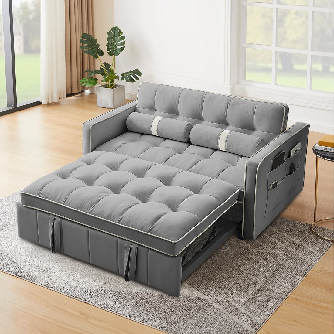 Dinosisco Convertible Sofa Bed, 55&quot; Pull Out Sofa Bed - Tufted Velvet Loveseat Sleeper Sofa Couch for Living Room, Gray