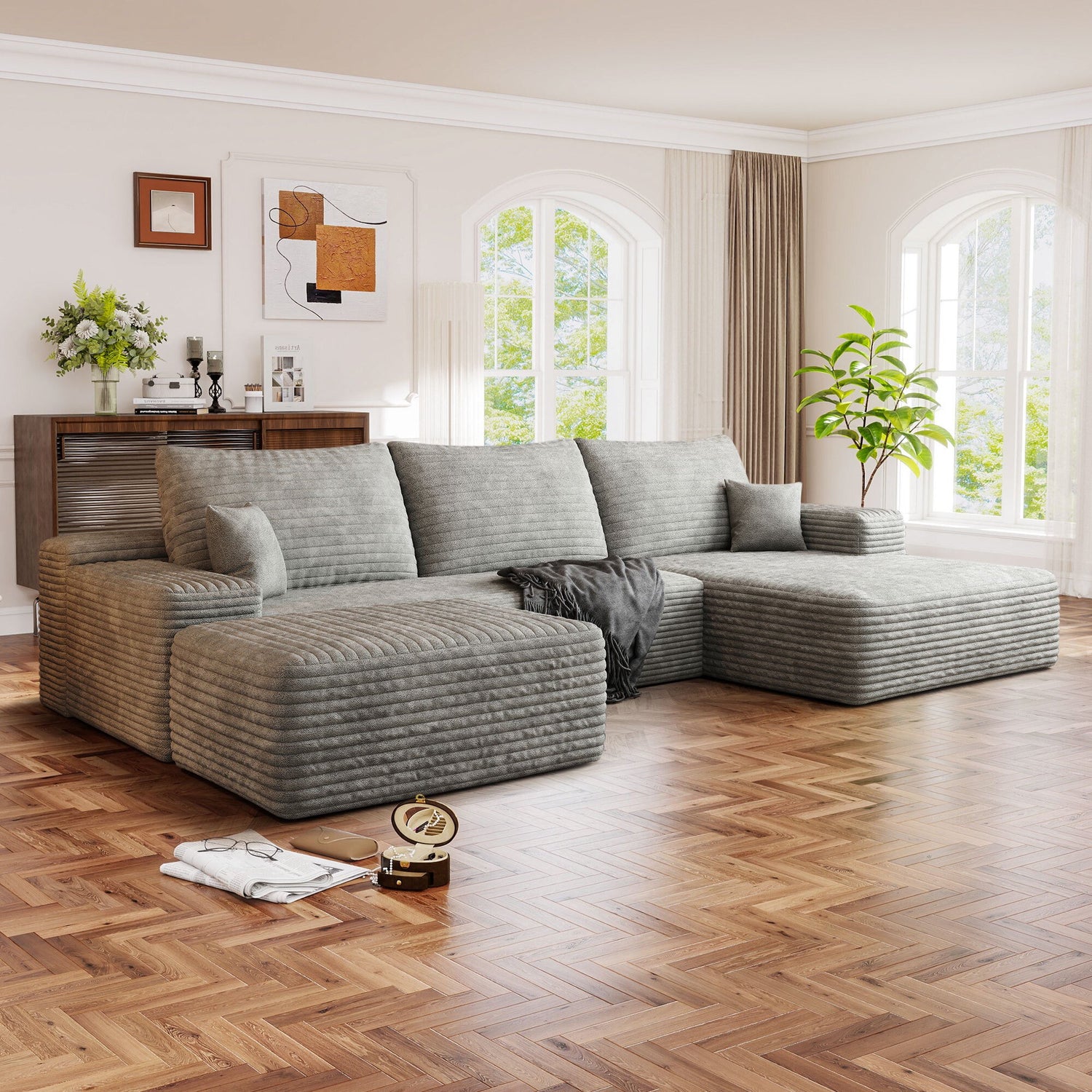 FFH 107&quot; Cloud Sectional Sofa with Right Chaise, Cozy U-Shaped Modular Sofa with Ottoman, Plush Corduroy Sleeper Bed Couch, No Assembly Required, Gray