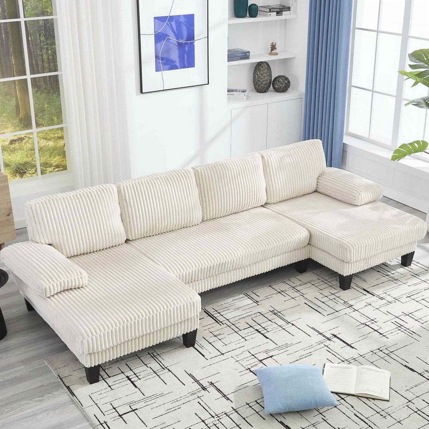 FFH 114" U Shaped Sectional Sofa, Oversized Modular Cloud Couch with Double Chaise, Corduroy 4 Seater Sofa Set for Living Room, Beige