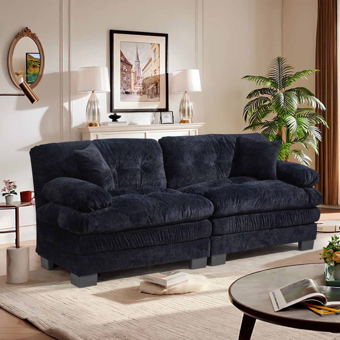 FFH 2-seat Sectional Sofa Modular Deep Seat Sofa Couch,84&quot; Modern Loveseat Sofa for Living Room,Chenille Recliner,Spring Cushions,Solid Wood Frame,Easy Assembly for Small Spaces