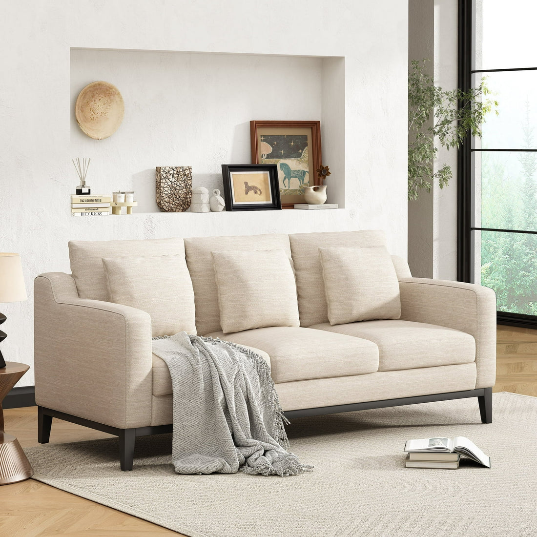 FFH 3-Seater Fabric Lounge Sofa with 3 Pillows &amp; Deep Seat, Modern Comfy Upholstered Couch with Wood Legs, 80.5&quot;*34&quot;*34&quot;