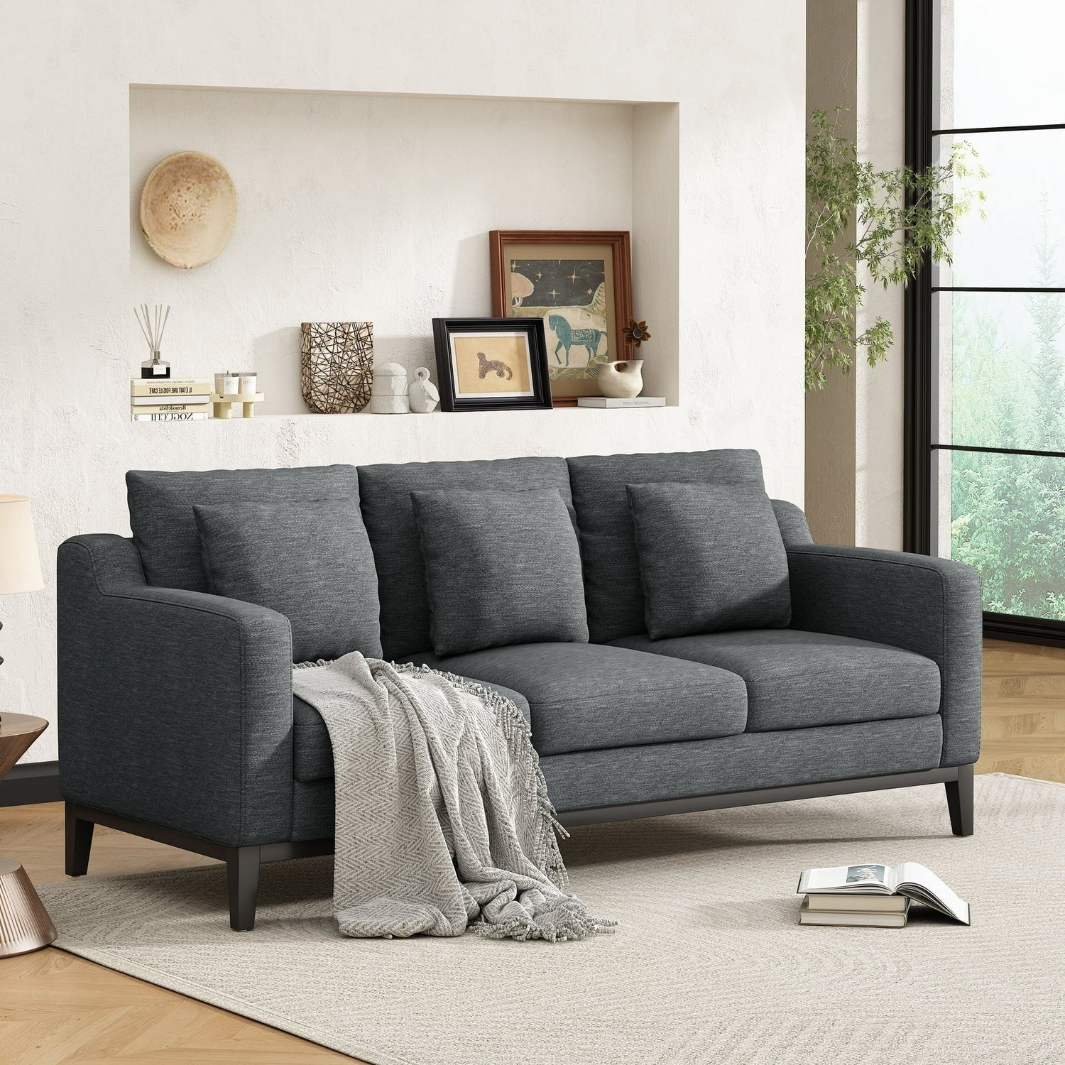 FFH 3-Seater Fabric Lounge Sofa with 3 Pillows &amp; Deep Seat, Modern Comfy Upholstered Couch with Wood Legs, 80.5&quot;*34&quot;*34&quot;