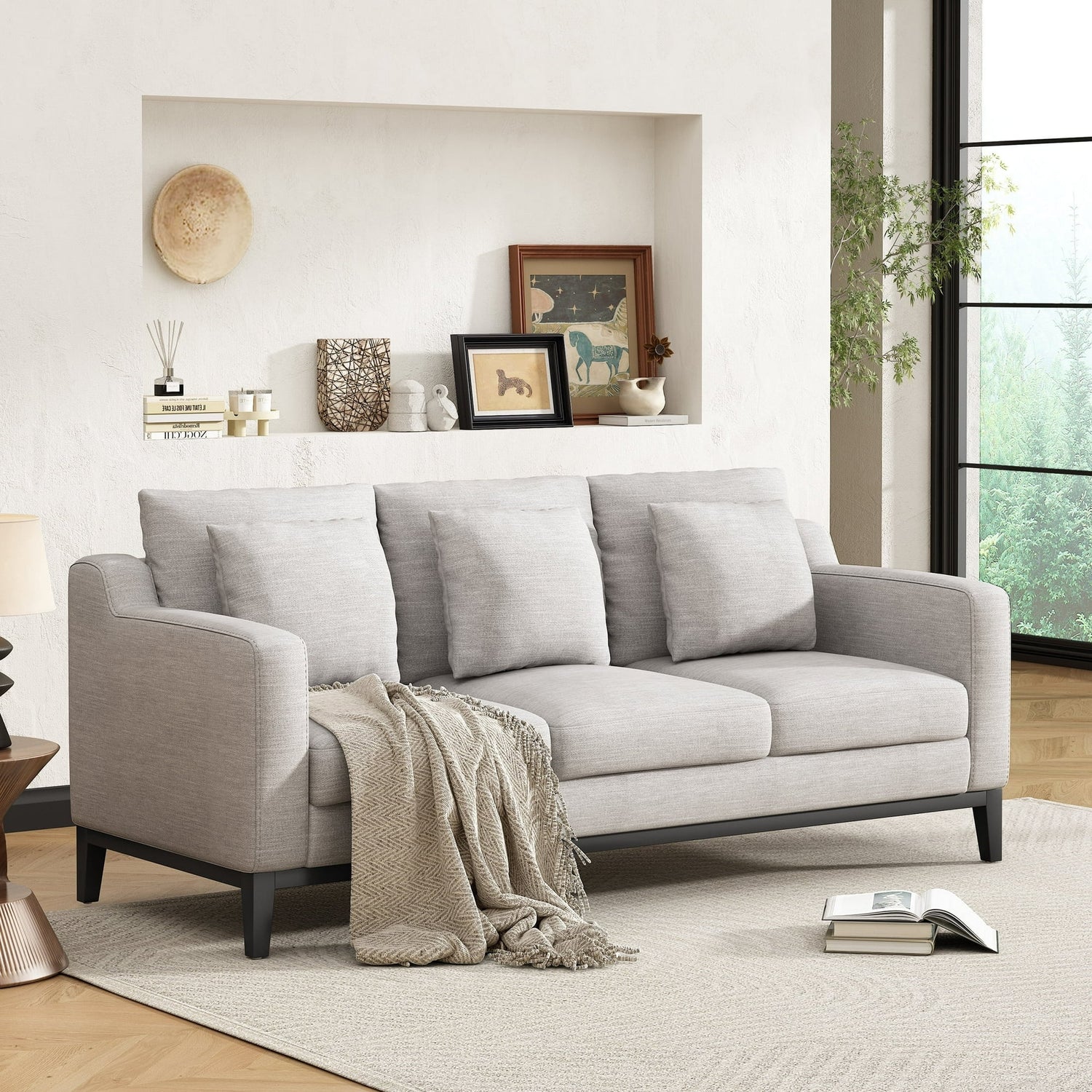FFH 3-Seater Fabric Lounge Sofa with 3 Pillows &amp; Deep Seat, Modern Comfy Upholstered Couch with Wood Legs, 80.5&quot;*34&quot;*34&quot;