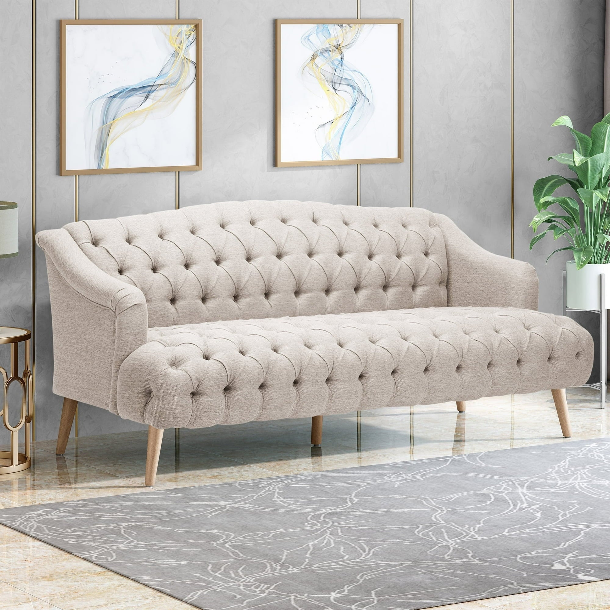 FFH 3-Seater Velvet Lounge Sofa with Tufted Backrest &amp; Deep Seat Cushion, Comfy Upholstered Couch with Wood Legs, 73.25&quot;*33.25&quot;*32.5&quot;