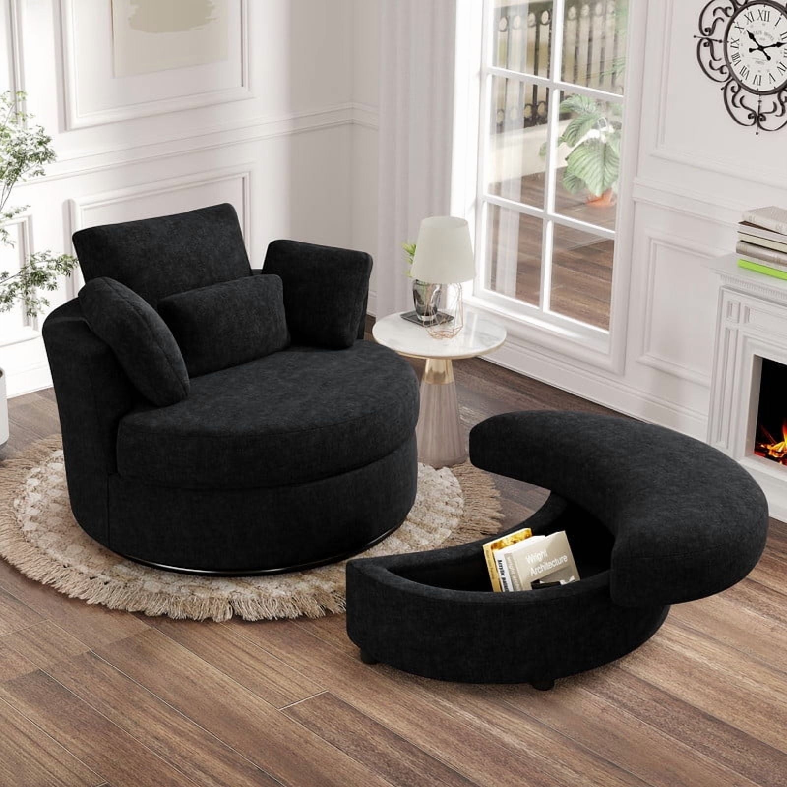FFH 42&quot; Oversized Swivel Accent Chair with Storage Ottoman, Comfy Teddy Armchair for Living Room, 360-Degree Swivel Barrel Chair, Metal Base